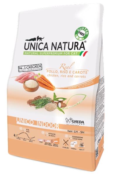Сухой корм Unica Natura Unico Indoor для кошек любого возраста, живущих в помещении (Курица, рис, морковь)
